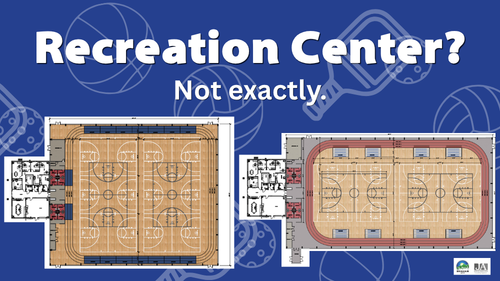 two possible layouts of the new facility on a dark blue background
