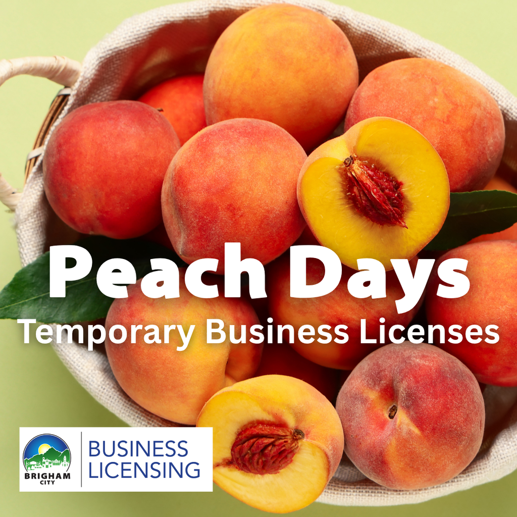 White text over a basket of peaches