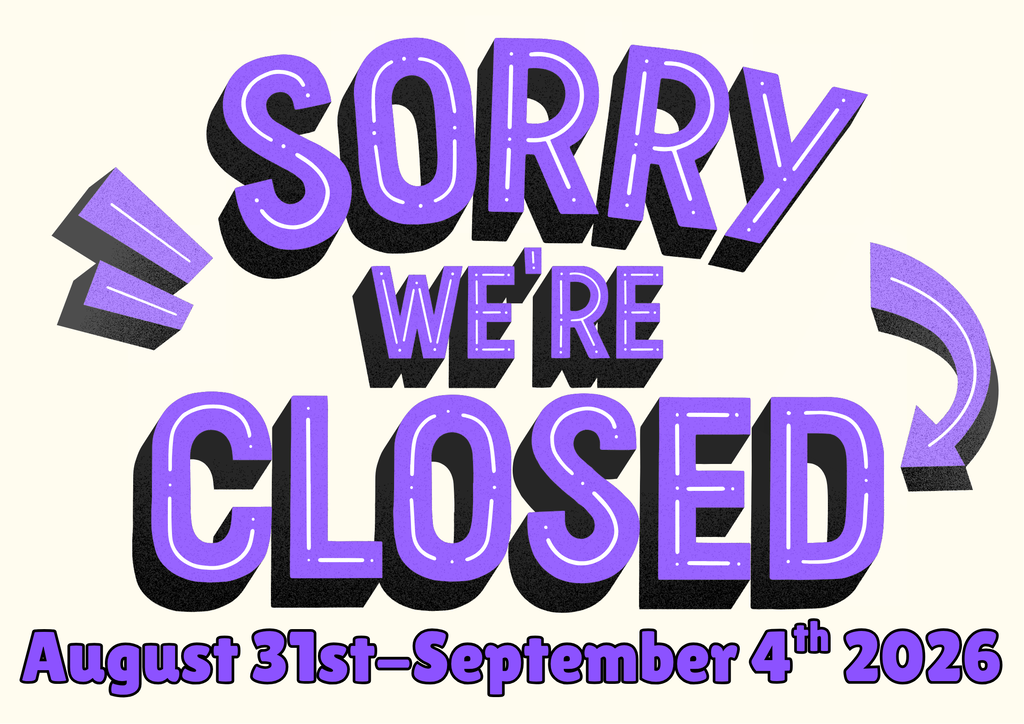 Purple, black, and ivory "sorry we're closed" graphic with arrow & accent lines