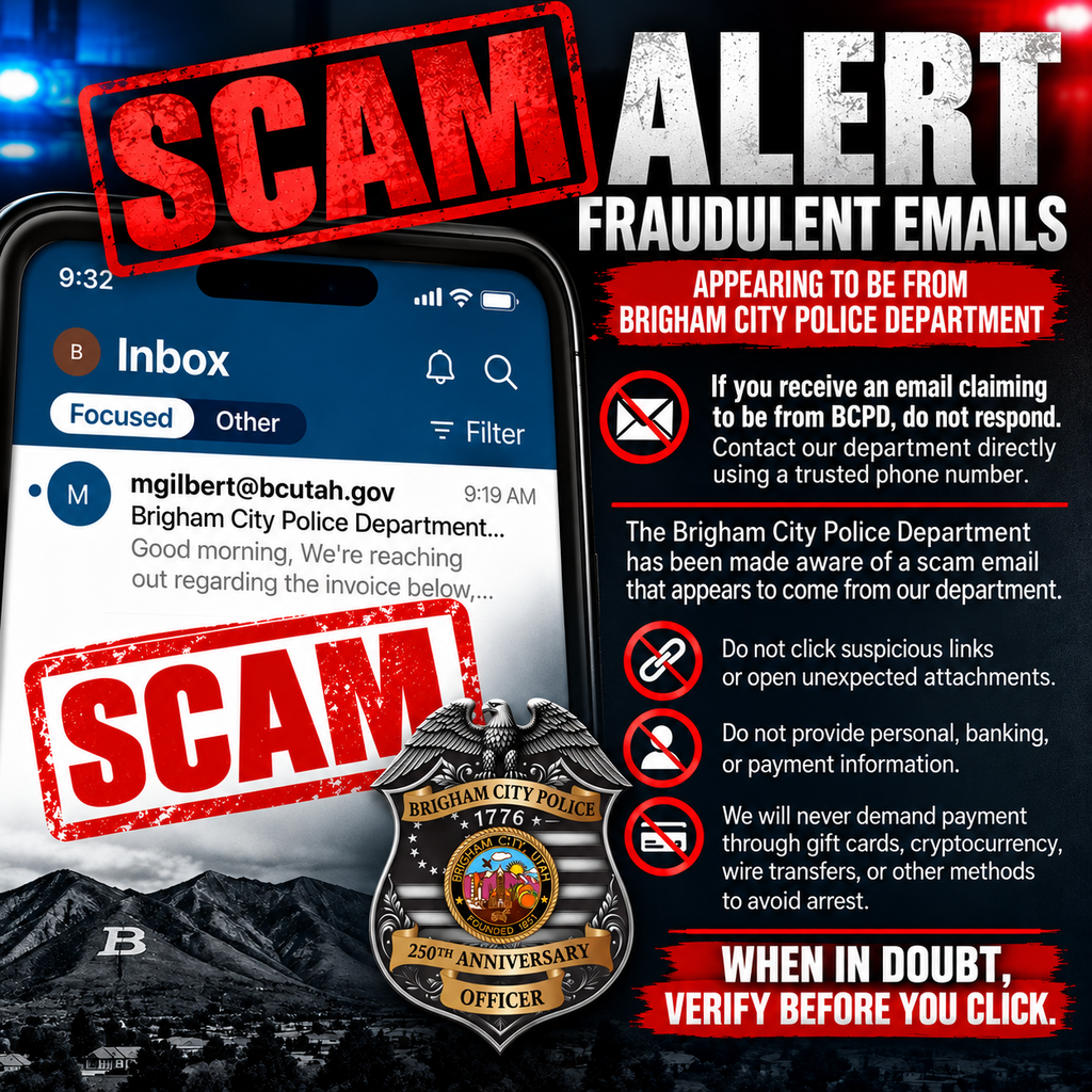 Scam Alert flyer for the Brigham City Police Department. Do not click on links from individuals you do not know. Ensure you verify before clicking links.