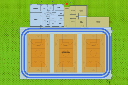 concept drawing of the proposed gym facility showing three basketball courts with a walking track around them and restrooms adjacent to the existing recreation offices