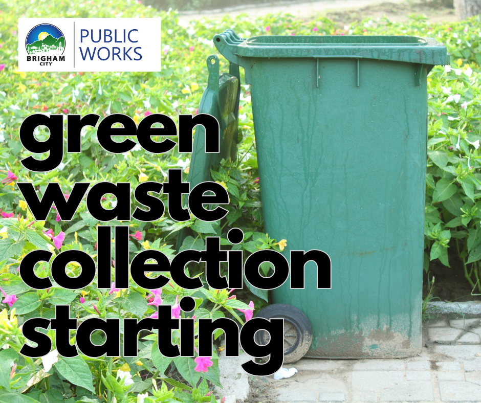 Black text over an open green garbage can near blooming foliage