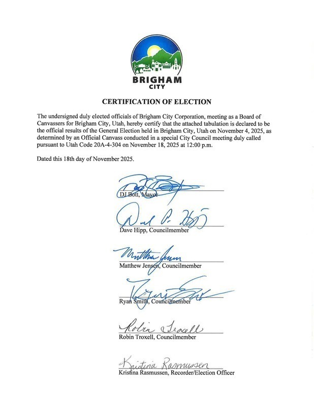 canvassed election results with signatures of council members and mayor