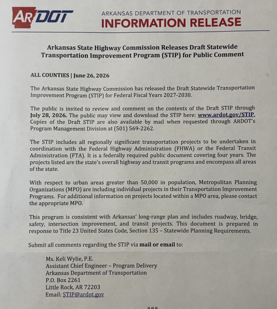 letter image with details to email stip@ardot.gov to share comments