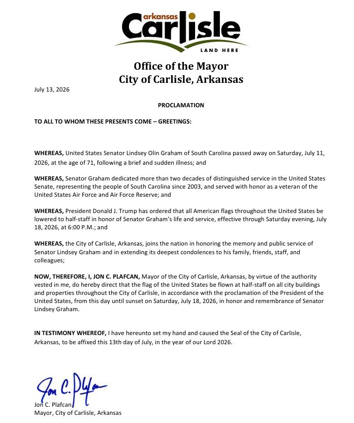 image of proclamation for the late Senator Lindsey Graham