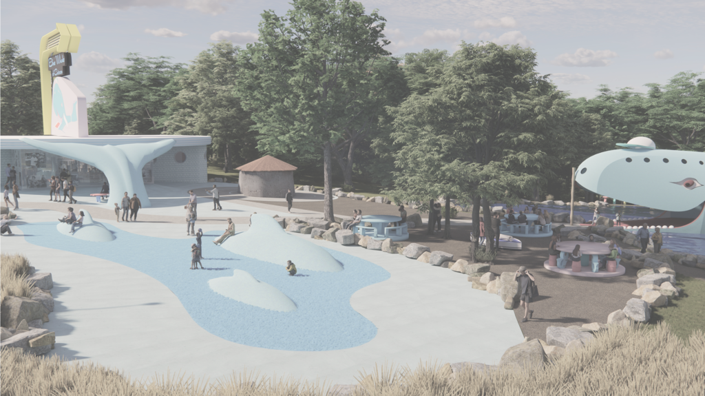 A modern aquatic park scene featuring a large area with playful features. People are enjoying the space. Surrounding the area are lush trees and a small museum structure. In the background, there is the Blue Whale of Catoosa. The overall atmosphere is vibrant and inviting.