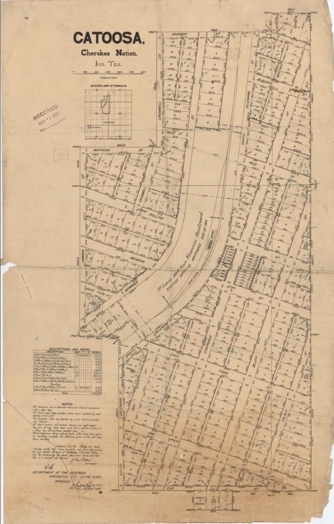 Map of Catoosa, Oklahoma, showing street layouts and plotted lots. The map includes a grid with labeled sections, a legend, and marginal notes about properties. It has aged paper with visible wear and tear.