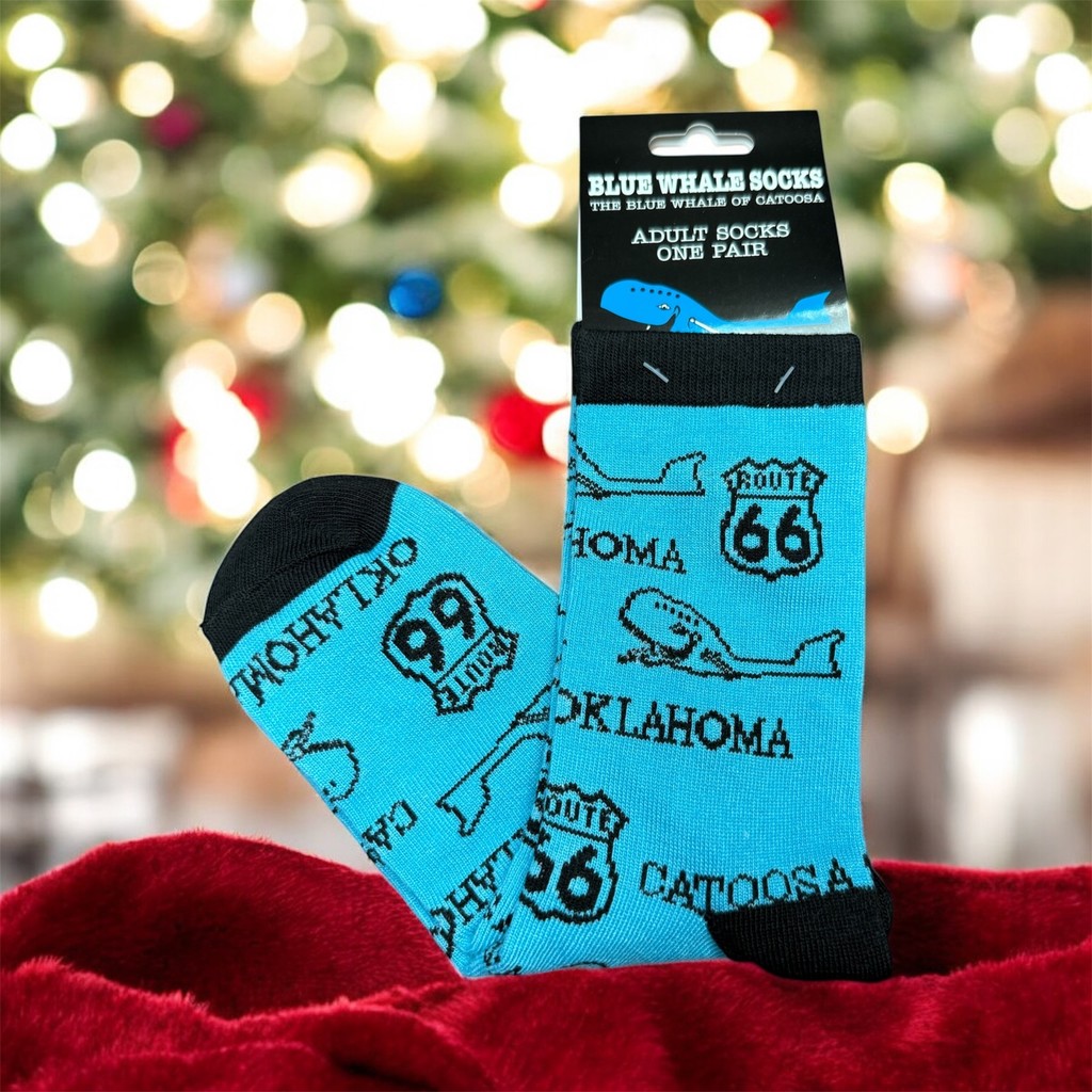 blue whale route 66 blue socks in front for christmas tree