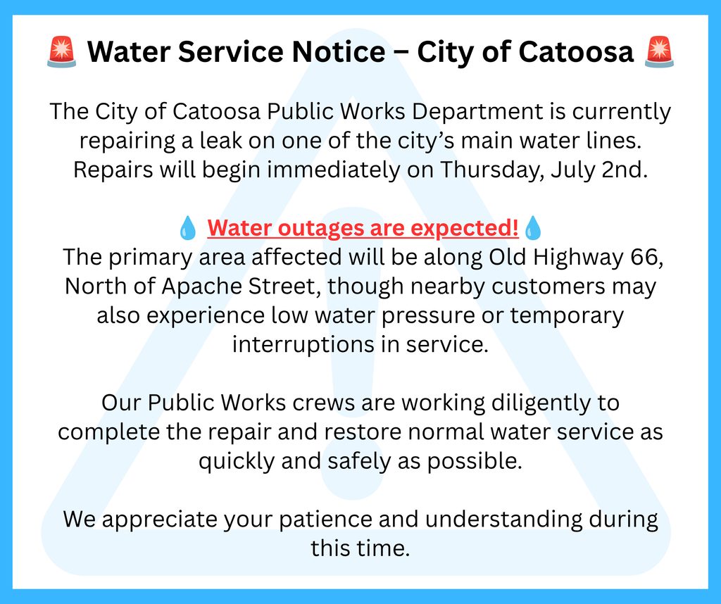 water service notice-water outages expected north of old hwy 66