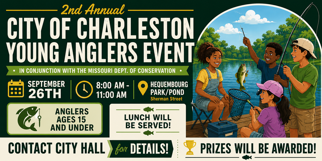 2nd Annual City of Charleston Young Anglers Event in conjunction with the Missouri Department of Conservation, September 26th from 8AM-11AM at Hequembourg Park/Pond off of Sherman Street. Lunch will be served. Anglers ages 15 and under. Contact City Hall for Details. Prizes will be awarded. Image of young angers holding a fishing pole, a net and one is holding the fish above the net.