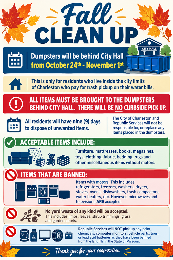 Fall Clean Up multi colored flyer "dumpsters will be behind City Hall from October 24th-November 1st"
