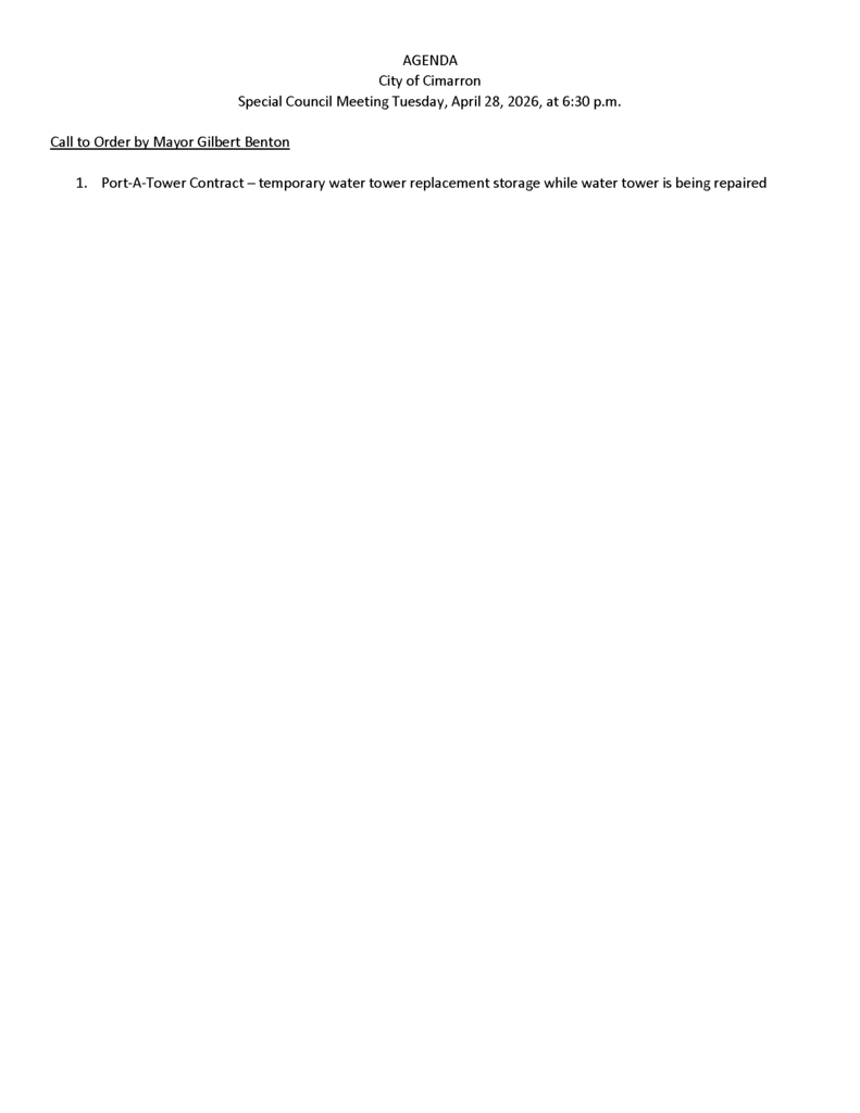 A City Agenda stating the topic of the 4/28/26 special meeting will be a contract with Port-A-Tower for temporary water tower replacement storage while water tower is being repaired