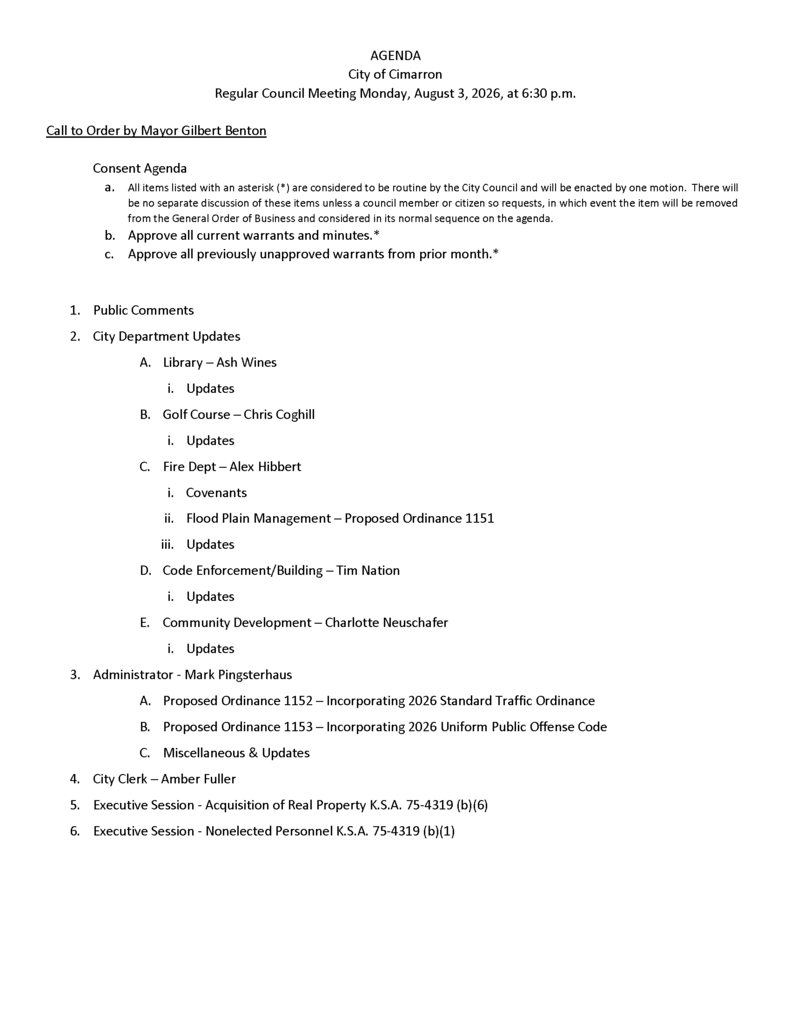 August 3, 2026 Cimarron Council Meeting Agenda