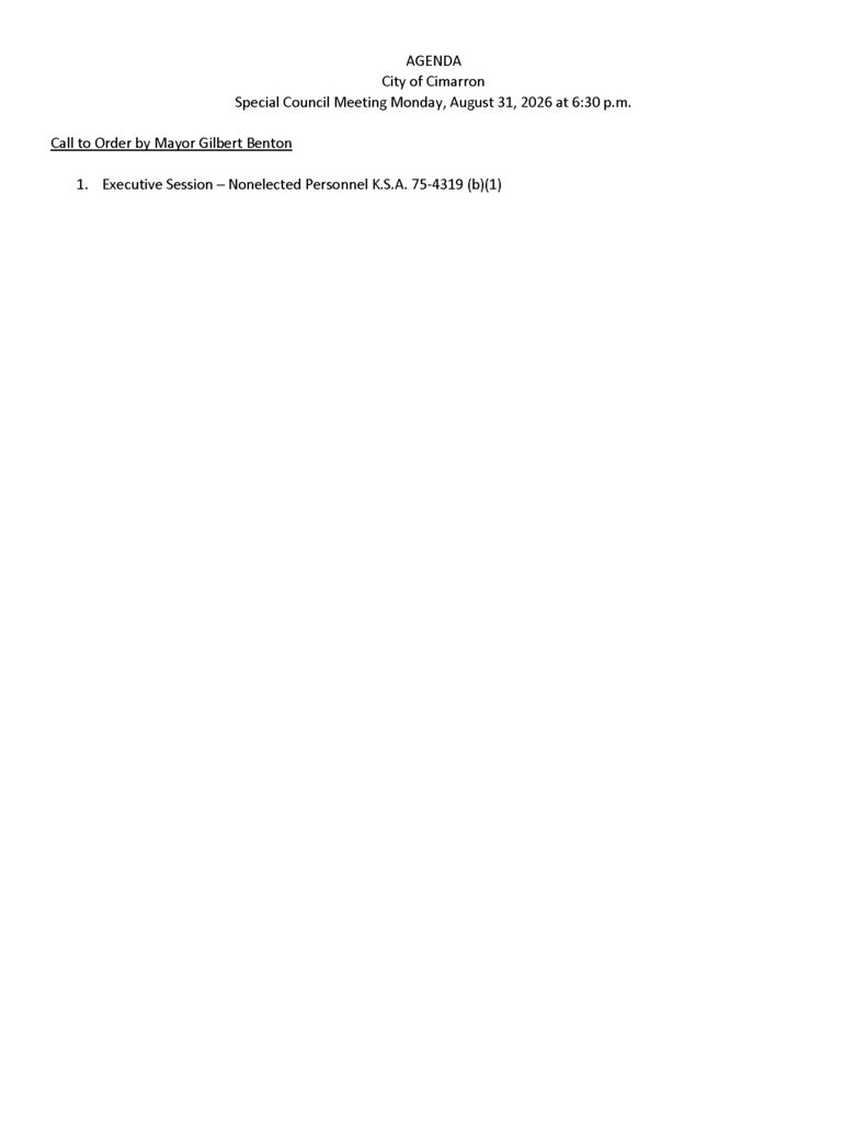 08-31-26 6:30 pm Special Council Meeting Agenda to include Executive Session for Nonelected Personnel