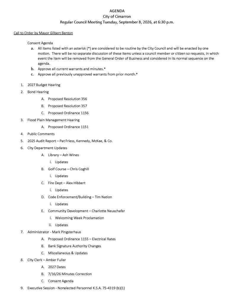 Agenda for 09-08-26 Cimarron City Council Meeting, 6:30 pm at City Hall