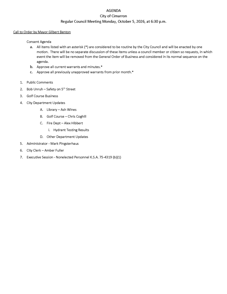 October 5, 2026 Cimarron City Council Meeting Agenda