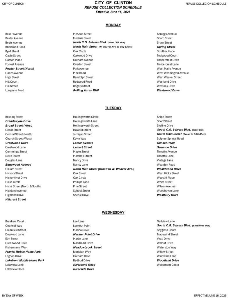 REFUSE COLLECTION SCHEDULE BY DAY PAGE 1