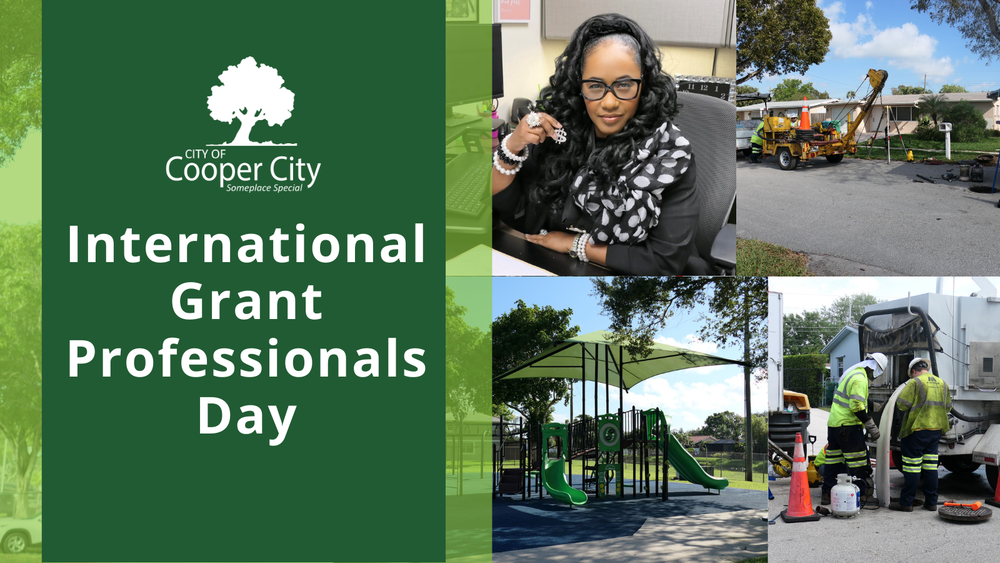 Photo of woman holding a dollar sign, photo of crane lifting equipment over a manhole, picture of a playground and picture of men working over a manhole.