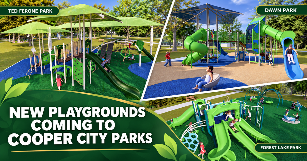 Image showing renderings for New Playgrounds Coming to Cooper City Parks, with Ted Ferone Park, Dawn Park and Forest Lake Park