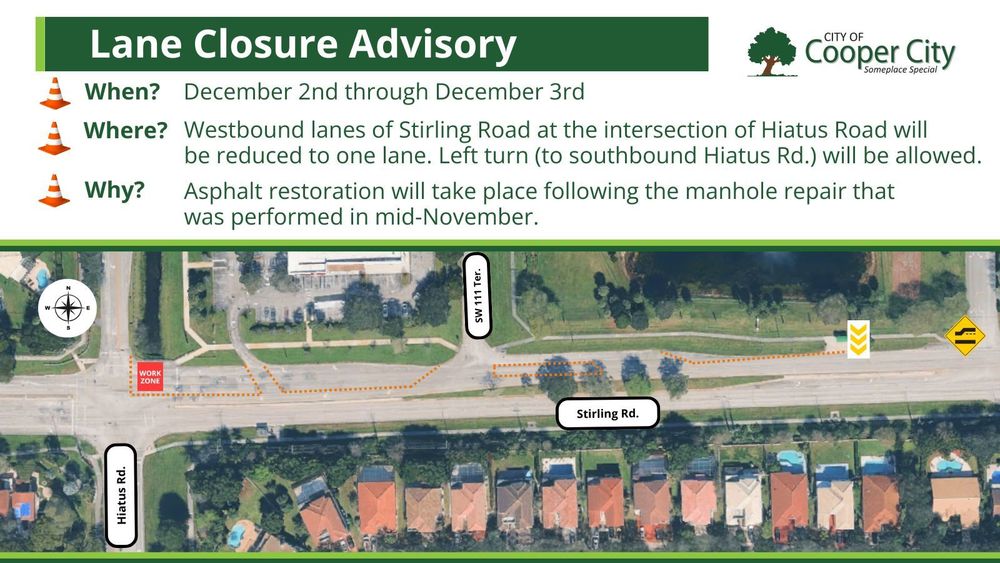Map showing lane closure along Stirling Road