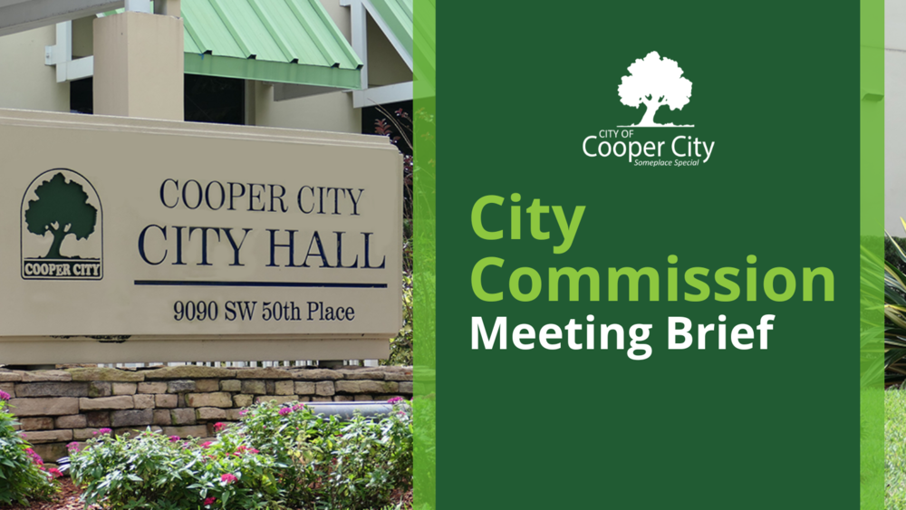 Sign outside of Cooper City City Hall that reads: Cooper City City Hall 9090 SW 50th Place