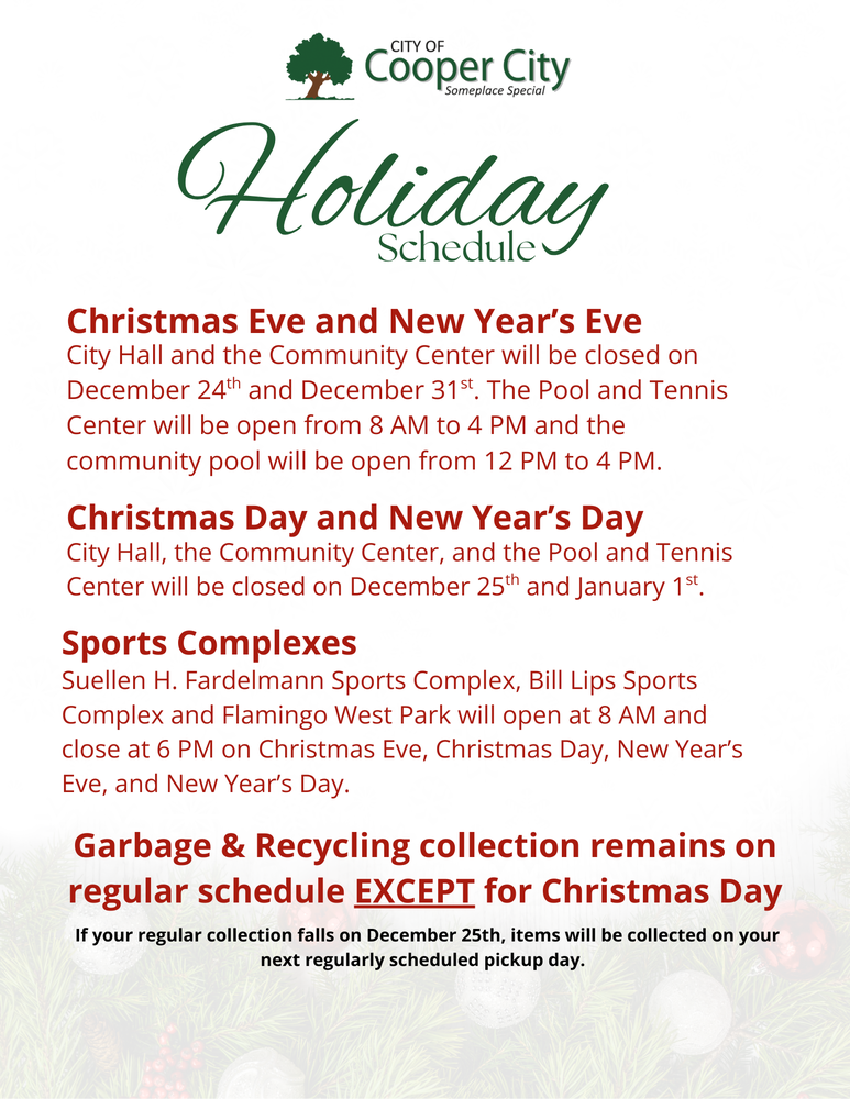 Cooper City logo with holiday schedule listed
