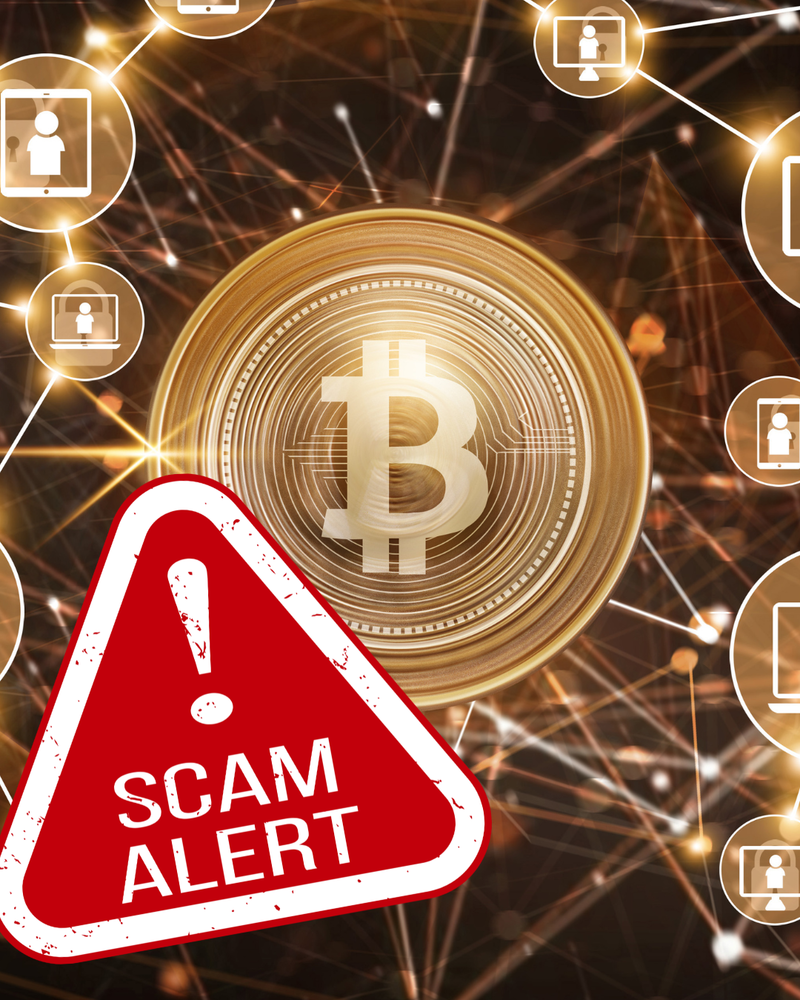Alert symbol with scam alert and bitcoin symbol