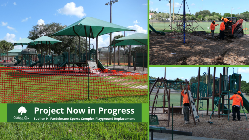 A total of three images. Image on the left depicts a playground. Image in the upper right depicts workers and a bulldozer. Image on the lower right depicts workers unscrewing pieces of an older playground.