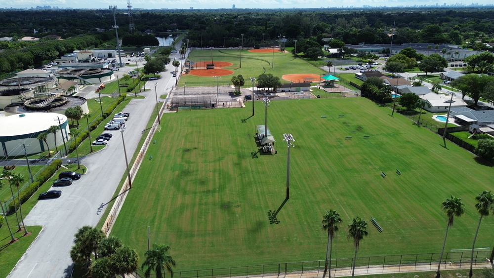 Aerial view of Bill Lips Sports Complex with multipurpose fields in the foreground and softball fields in the background.