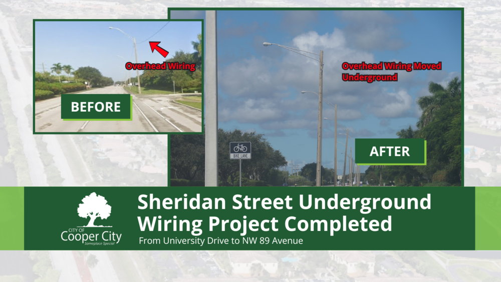 Image depicts street poles that signify a difference where overhead wiring was moved underground.