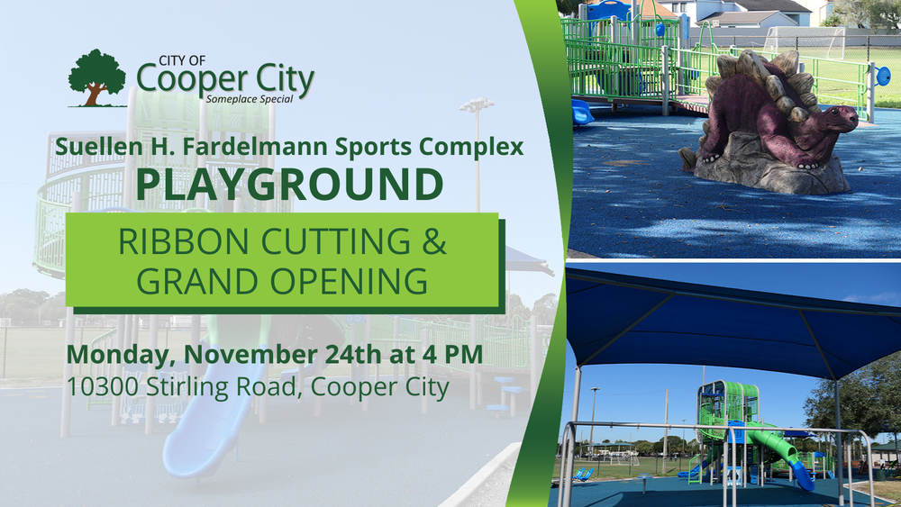 Swing set and dinosaur at playground with information regarding a ribbon cutting and grand opening.