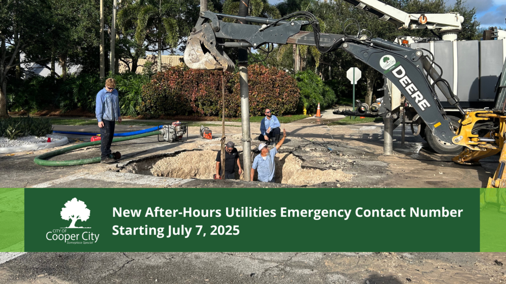 Image of Utilities crew working on water main break with text that reads - New After-Hours Utilities Emergency Contact Number Starting July 7, 2025
