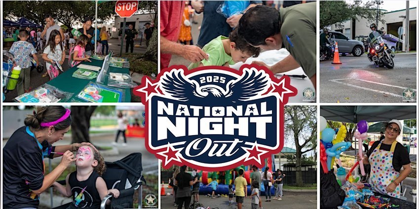Variety of photos depicting past events at National Night Out and Back to School Bash in Cooper City - including face painting, motorman, child getting school supplies, and balloon vendor.