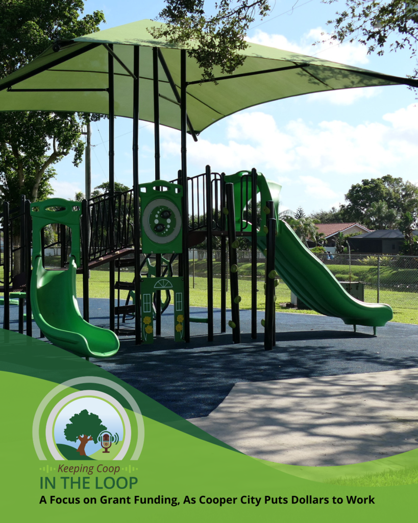Photo of City Mike Park playground and "Keeping Coop in the Loop" podcast logo