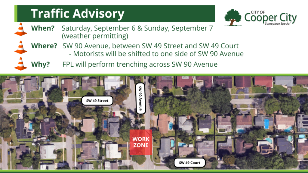 Image depicting map with work zone along SW 90 Avenue, between SW 49 Street and SW 49 Court