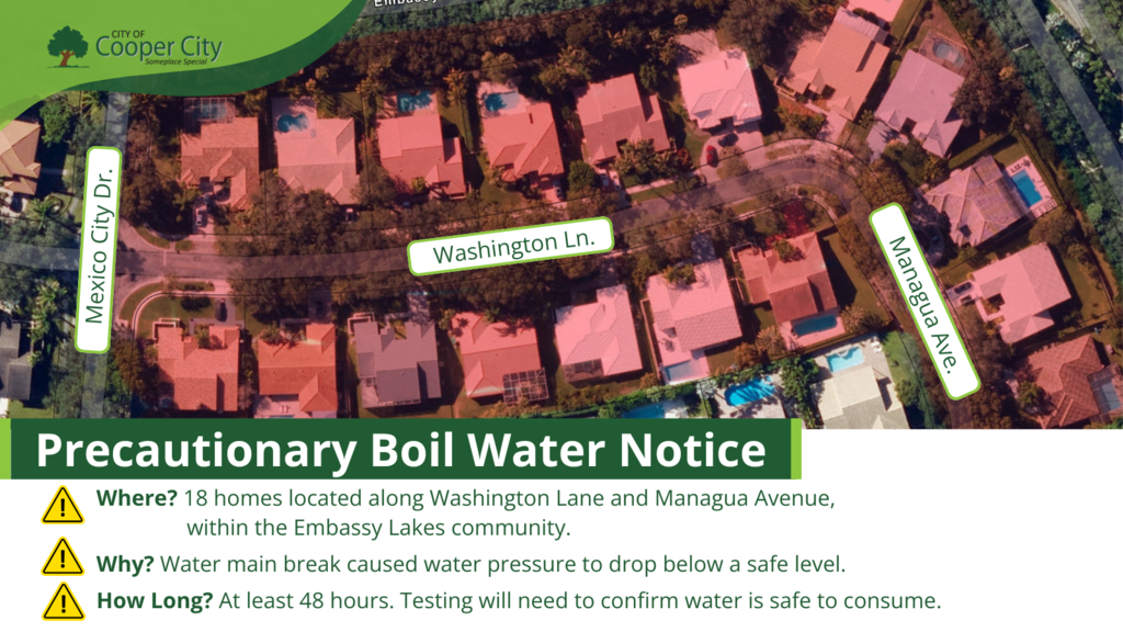 Map depicting an aerial view of 18 homes affected by a water main break and precautionary boil water advisory