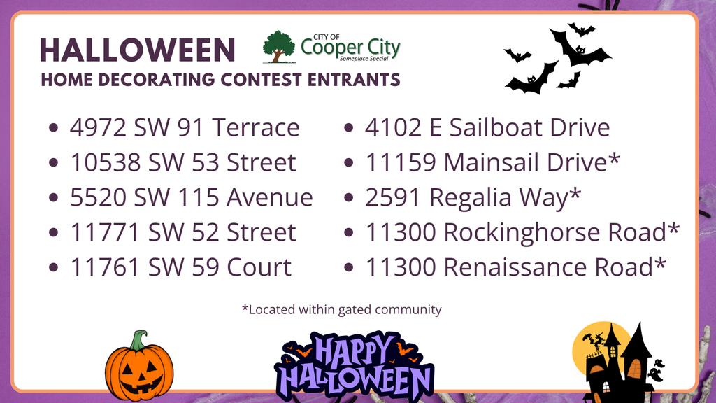 Image depicts halloween decor with pumpkin, bats, and haunted house.