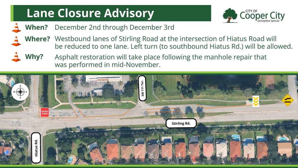 Map depicting lane closure along westbound Stirling Road on approach to Hiatus Road