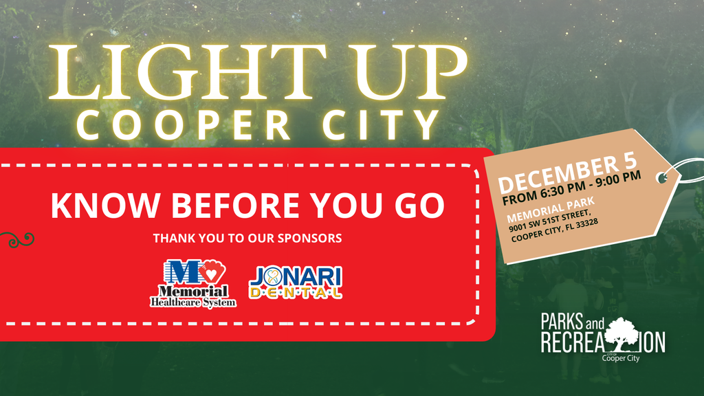 Light Up Cooper City photo with text "Know Before You Go"