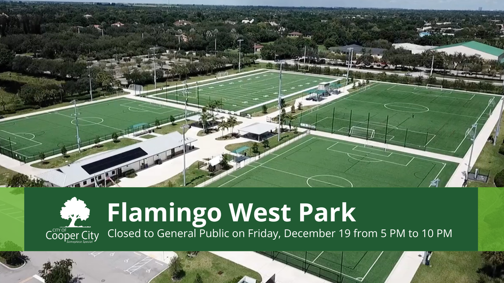Aerial view of several soccer fields at Flamingo West Park in Cooper City