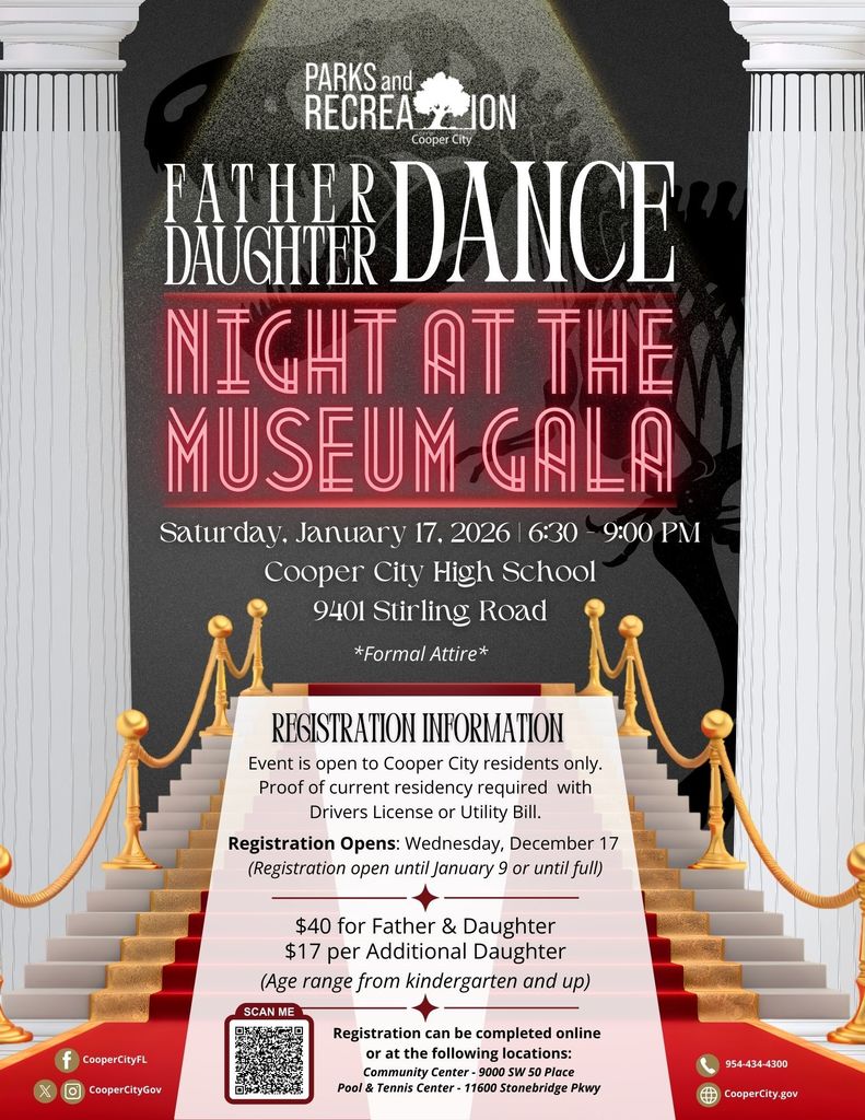 Flyer for Father Daughter Dance event with a red carpet, large white columns and staircase.