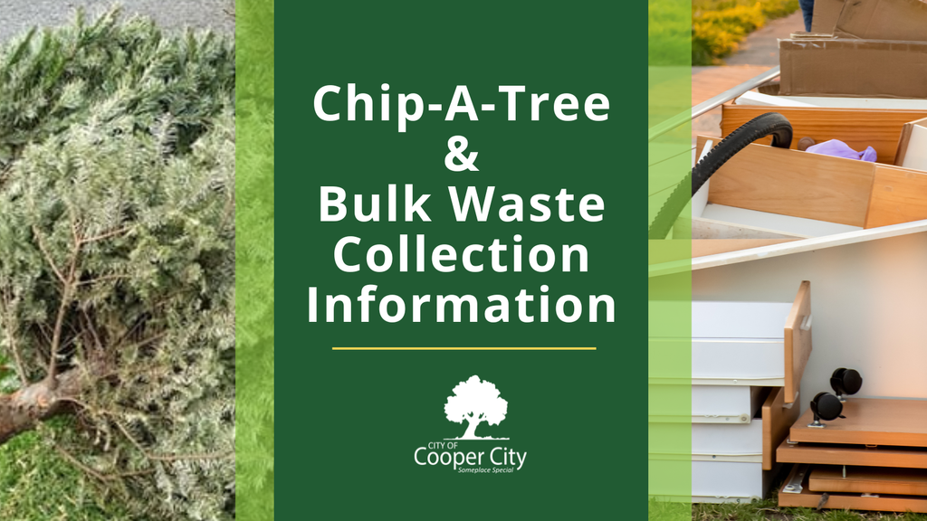 Christmas trees on left side of image and household items set out for bulk waste collection on the other side.