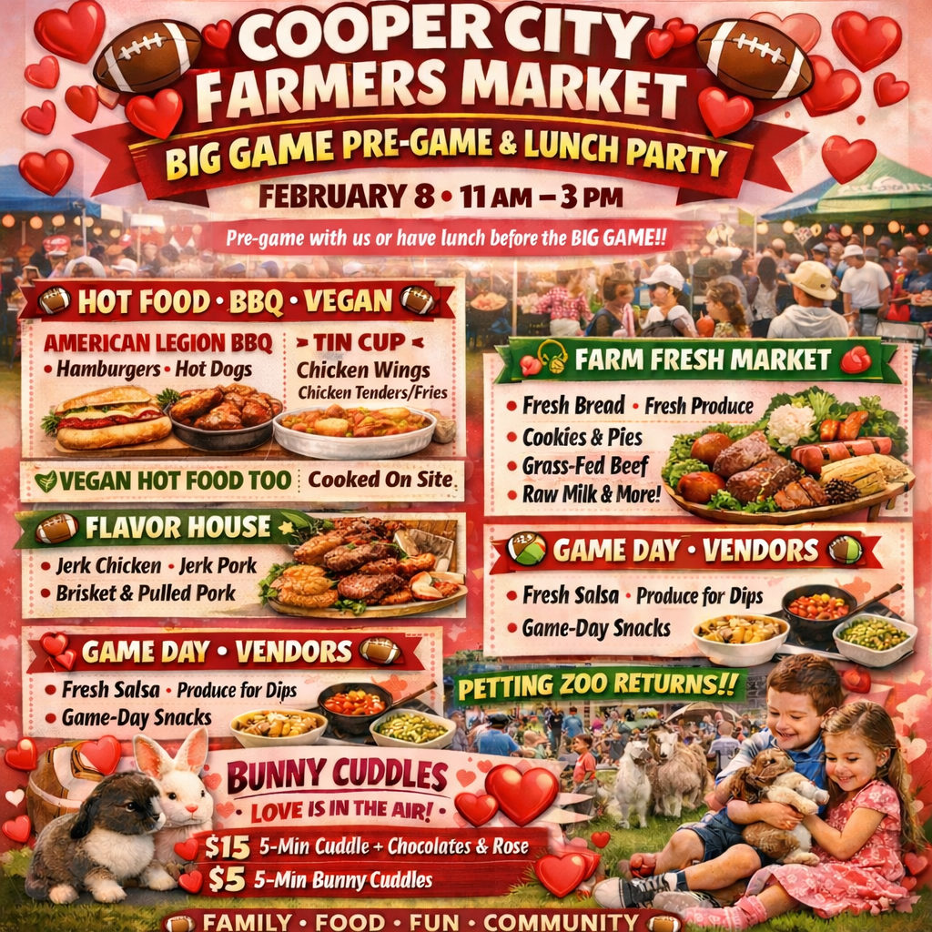 Farmers market flyer with images of meats, chicken, fish, and petting zoo