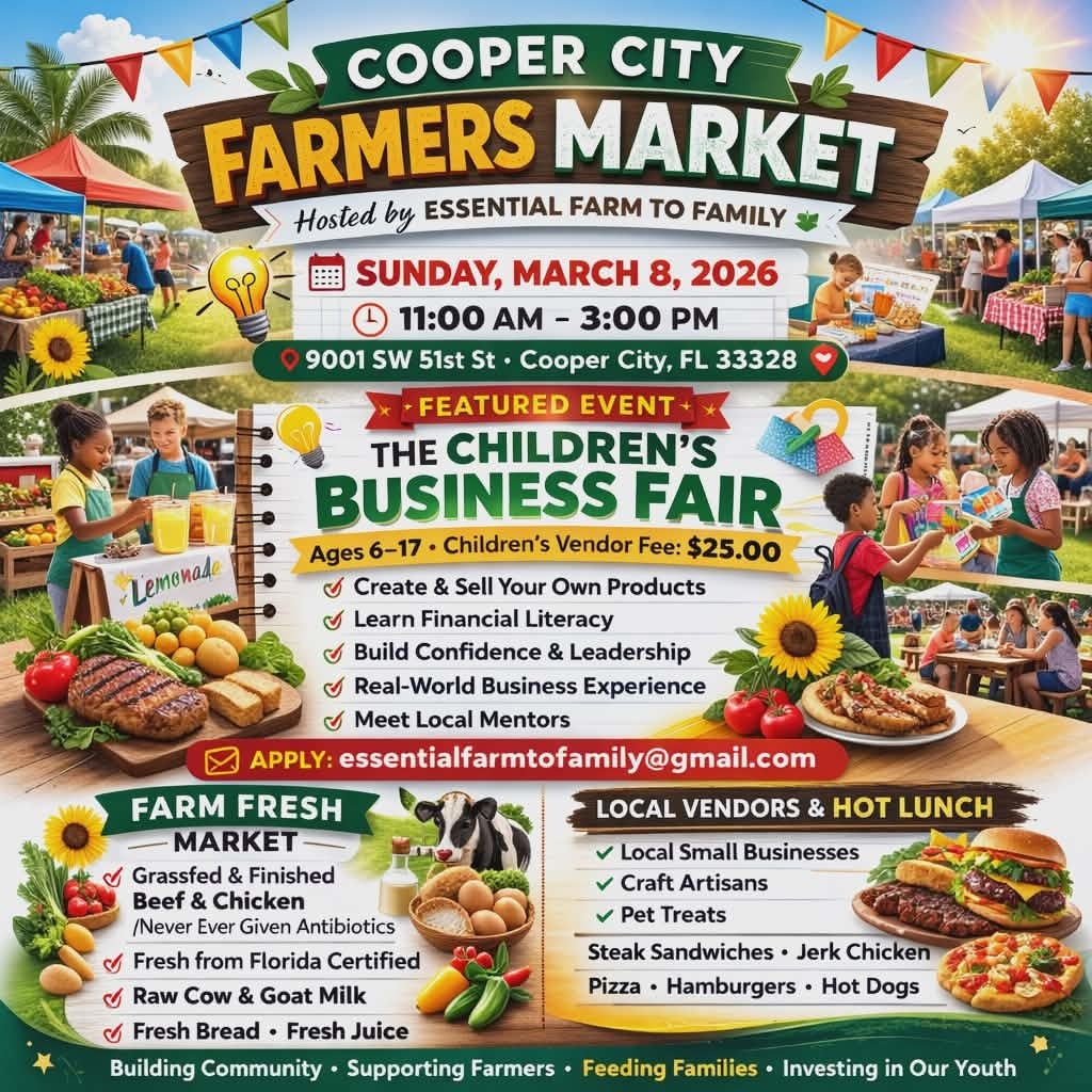 Animated images of people at a Farmers Market with images of beef, burgers, fruits and vegetables.