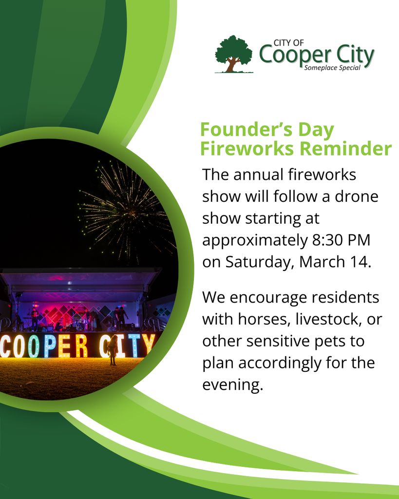 Stage with the words "Cooper City" lit in different colors and fireworks overhead