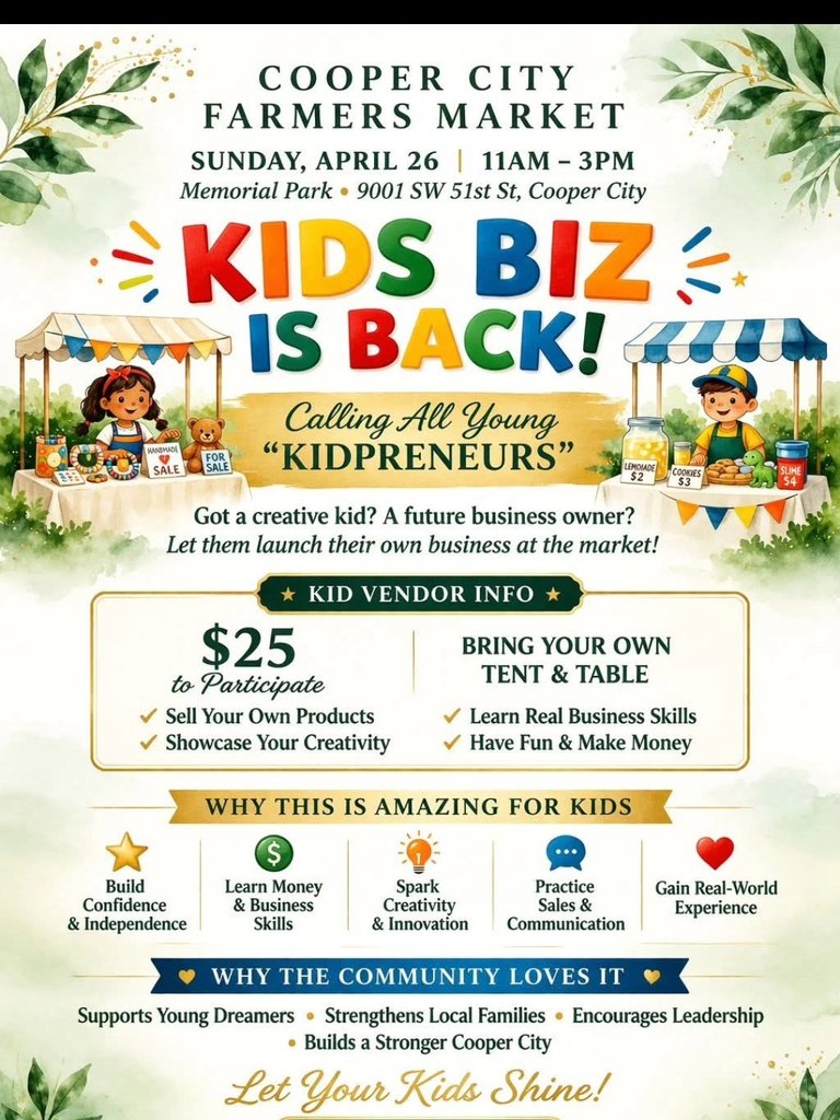 Illustrations of children selling items at a market booth