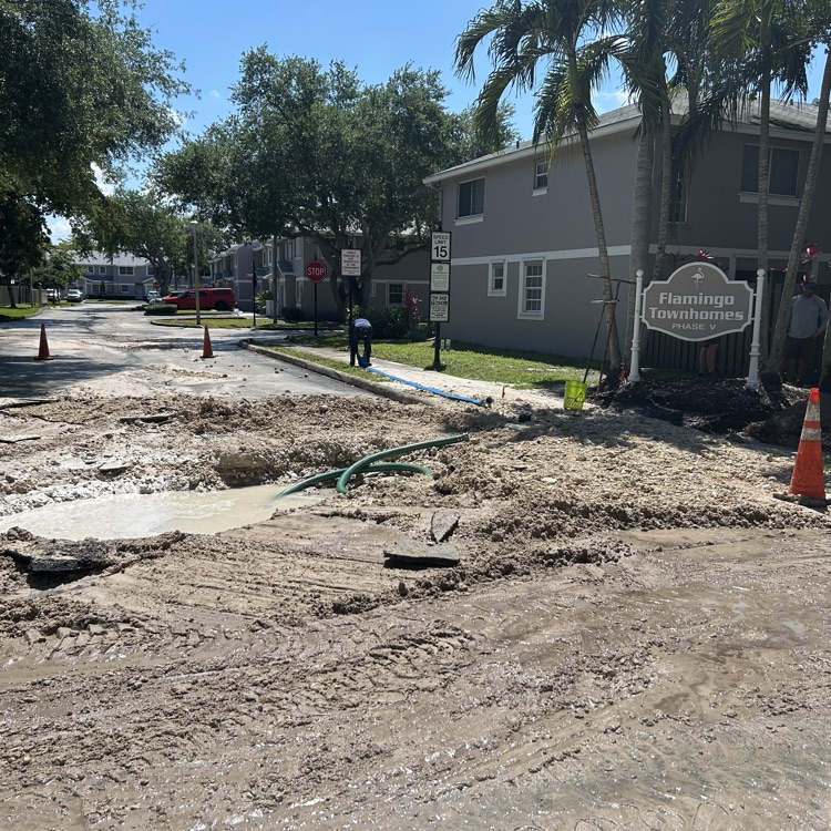 Dirt covering a road with homes in the background  