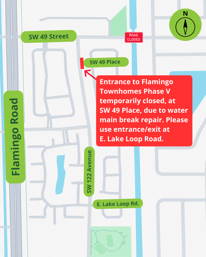 map showing road closure at SW 49 Street and SW 122 Avenue in Cooper City