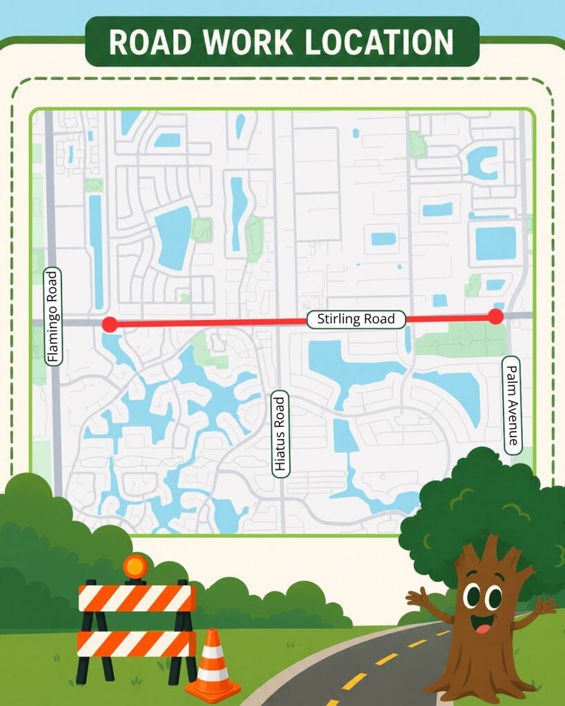 Map showing Road Work Location, with a red line denoting work zone along Stirling Road, between Flamingo Road and Palm Avenue