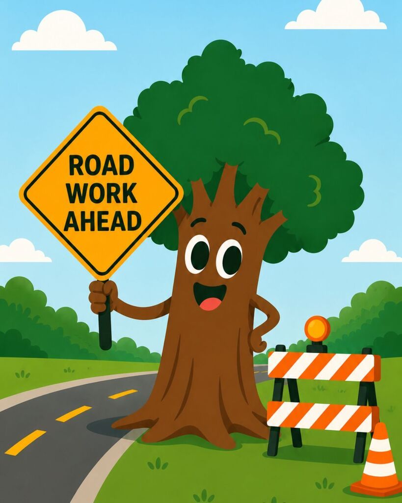 Animated tree holding a "Road Work Ahead" sign